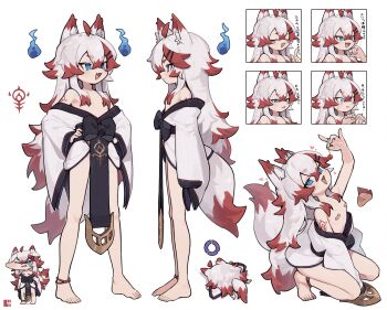 1girl :d absurdres adversarial_noise animal_ears anklet arm_tattoo bandaid bandaids_on_nipples bare_shoulders barefoot blue_eyes blush_stickers breasts cherry clothes_down fang food fox_ears fox_girl fox_tail fruit full_body hair_over_breasts hands_on_own_hips highres hitodama holding holding_food holding_fruit imibi_(zizi_niisan) japanese_clothes jewelry kimono loli long_hair long_sleeves looking_at_viewer multicolored_hair multiple_expressions off_shoulder open_mouth original pasties red_hair reference_sheet scared short_kimono simple_background skin_fang small_breasts smile smug squatting standing tail tattoo two-tone_hair v-shaped_eyebrows white_background white_hair white_kimono wide_sleeves zizi_niisan