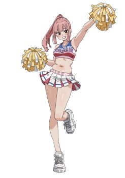 1girl armpits h4sh1rnoto midriff navel pink_hair plump pom_pom_(cheerleading) skirt smile tagme