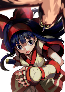 1girl absurdres ainu_clothes artist_name bird blue_hair bow breasts elbow_gloves eudetenis gloves hair_ribbon hairband highres holding holding_sword holding_weapon legs medium_breasts nakoruru open_mouth pants red_bow red_hairband ribbon samurai_spirits short_sleeves snk solo sword the_king_of_fighters thighs tongue weapon white_background