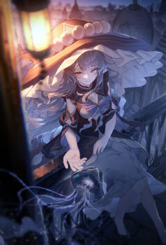 Rule 34 | 1girl, black dress, black hat, blue hair, breasts, commentary request, dress, hat, highres, jellyfish, lamp, large hat, long hair, medium breasts, night, on railing, original, outdoors, railing, sitting, smile, solo, wanko sora, witch hat, yellow eyes