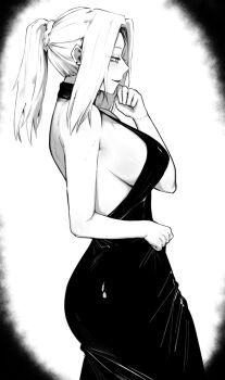 1girl absurdres ass backless_dress backless_outfit braid breasts commentary cowboy_shot dress ear_piercing from_side greyscale halterneck highres jujutsu_kaisen large_breasts long_dress masoq mei_mei_(jujutsu_kaisen) monochrome piercing ponytail ponytail_with_braided_base sideboob smile solo