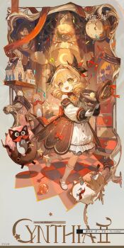 Rule 34 | 1girl, :d, absurdres, bare shoulders, black coat, blonde hair, bucket, character name, checkered floor, chinese commentary, chinese text, clothing cutout, coat, commentary request, cynthia ii (silver palace), dress, drill hair, english text, frilled socks, frills, full body, grey background, hairband, highres, holding, holding bucket, kneehighs, leg up, long sleeves, looking to the side, medium dress, medium hair, official art, open mouth, picture frame, puffy long sleeves, puffy sleeves, red hairband, shoes, shoulder cutout, silver palace, sleeveless, sleeveless coat, smile, socks, solo, standing, standing on one leg, white dress, white shoes, white socks