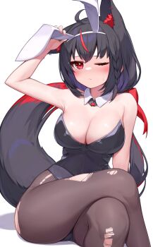 1girl absurdres ahoge animal_ear_fluff animal_ears bare_shoulders black_hair blush bow bowtie braid breasts cleavage crossed_legs dark_persona deaver detached_collar fake_animal_ears fox_ears fox_girl fox_tail hair_between_eyes highres hololive kurokami_fubuki large_breasts leotard long_hair looking_at_viewer one_eye_closed pantyhose playboy_bunny rabbit_ears red_eyes sidelocks single_braid solo strapless strapless_leotard sweat tail torn_clothes virtual_youtuber