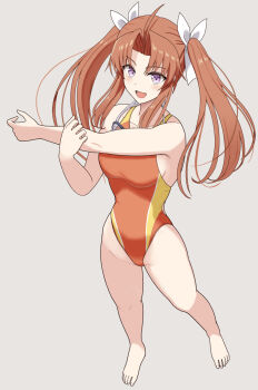 1girl barefoot blush breasts brown_hair commentary_request competition_swimsuit exercising full_body goggles goggles_around_neck grey_background hair_ribbon highres kagerou_(kancolle) kantai_collection long_hair looking_at_viewer mayomaru1 one-piece_swimsuit open_mouth orange_one-piece_swimsuit purple_eyes ribbon small_breasts smile swimsuit twintails