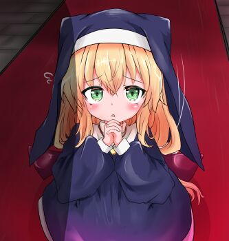 1girl blonde_hair blue_dress blush bow bowtie commentary dress flying_sweatdrops furrowed_brow green_eyes highres jewelry kneeling long_hair looking_at_viewer looking_up low-tied_long_hair meena_(yuu_(alsiel)) motion_lines nun nun_headdress ominous_shadow original parted_lips pendant praying red_bow red_bowtie red_carpet solo tile_floor tiles veil yuu_(alsiel)