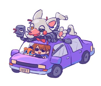 animal_ears animatronic bear_ears black_hat car driving five_nights_at_freddy's fox_ears gaida glamrock_freddy gregory_(fnaf) hat mangle motor_vehicle open_mouth purple_car seatbelt smile sunglasses v-shaped_eyebrows