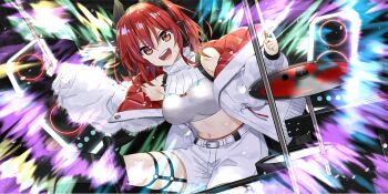 1girl alternate_costume artist_request breasts crop_top drum drumsticks game_asset headphones highres holding holding_drumsticks horikawa_raiko horikawa_raiko_(clock-signaler) instrument jacket large_breasts long_sleeves looking_at_viewer midriff navel official_art open_clothes open_jacket open_mouth red_eyes red_hair shorts sitting smile solo speaker thigh_strap third-party_source touhou touhou_lostword white_jacket white_shorts