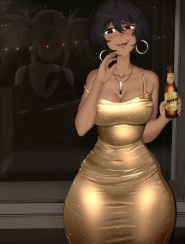 2girls against_glass against_window albino alcohol bare_shoulders black_dress black_hair blush bottle breasts brown_eyes cleavage colored_skin curvy dark-skinned_female dark_skin dress evening gold_dress highres holding holding_bottle huge_breasts indoors la_albina_(tidal) large_breasts long_hair looking_at_viewer medium_hair multiple_girls navel night official_art_inset open_mouth original red_eyes reflection satin_dress scar scar_on_neck short_hair smile spanish_commentary standing thick_thighs thighs tidal_(tidaltides) white_hair white_skin window