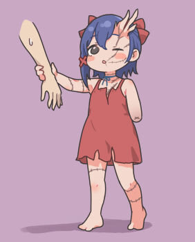 1boy 1girl amputee black_eyes blue_eyes bow commentary dress full_body hair_bow highres horns miside mita_(miside) one_eye_closed ooishi_oil open_mouth orange_bow orange_dress player_character_(miside) purple_background scar scar_on_face shadow short_hair simple_background single_horn solo_focus tiny_mita_(miside)