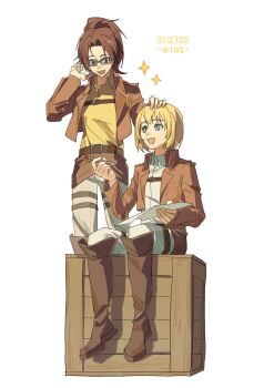 1boy 1girl armin_arlert blonde_hair blue_eyes boots breasts brown_boots brown_eyes brown_hair brown_jacket collared_shirt cropped_jacket dated full_body glasses hand_in_own_hair hand_on_another&#039;s_head hange_zoe highres holding holding_paper holding_pen jacket knee_boots long_hair medium_breasts military_jacket open_mouth pants paper parted_bangs pen ponytail shingeki_no_kyojin shirt sitting smile sparkle white_background white_pants white_shirt wooden_box yellow_shirt zest_(kumolyy)