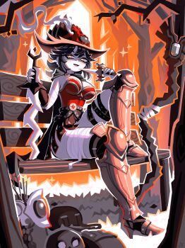 Rule 34 | 1girl, absurdres, andaerz, armor, armored boots, asymmetrical dual wielding, backpack, bag, bandaged arm, bandaged leg, bandages, bench, boots, breasts, cape, commentary, dagger, dang (runescape), day, dual wielding, duellist's cap (tier 6), english commentary, full body, gladiator, gloves, glowing hat, grass, grin, hat, highres, holding, holding dagger, holding knife, holding sword, holding weapon, knife, light blush, long hair, mage staff, medium breasts, old school runescape, on bench, orange eyes, original, outdoors, park, park bench, quiver, runescape, sitting, smile, solo, sparkle, staff, staff of armadyl (runescape), sword, tree, weapon, wooden bench, yellow eyes