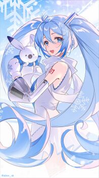 1girl 1other :3 absurdres ahoge almn_sk animal arm_tattoo armpits back bare_shoulders blue_eyes blue_hair blue_necktie blue_theme blush breasts commentary detached_sleeves dress earmuffs hair_ornament happy hatsune_miku highres holding holding_animal holding_rabbit legs long_hair looking_at_viewer looking_to_the_side mittens multicolored_hair necktie open_mouth patterned_hair rabbit rabbit_yukine scarf screen skirt sleeveless small_breasts smile snow snowflake_print snowflakes sparkle tattoo teeth twintails twitter_username upper_teeth_only very_long_hair vocaloid watermark white_dress white_mittens white_skirt winter_clothes yuki_miku