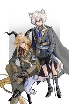 1boy 1girl absurdres aged_down aiguillette animal_ear_fluff animal_ears arknights armband ascot belt black_cape black_eyes black_gloves black_horns black_jacket black_socks blonde_hair blue_ascot cape cc_guiya chinese_commentary closed_mouth clothes_writing commentary_request curled_horns degenbrecher_(arknights) gloves green_jacket green_pants grey_belt hair_between_eyes highres horns invisible_chair jacket kjerag_logo kneehighs lapels light_smile long_bangs long_sleeves looking_at_viewer medium_hair military_uniform pants self_cosplay silverash_(arknights) silverash_(never-melting_ice)_(arknights) silverash_(young)_(arknights) sitting socks standing tail white_armband white_hair white_tail yellow_eyes