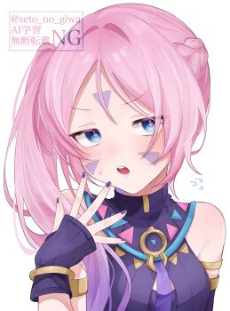 1girl alternate_hairstyle armlet bare_shoulders blue_eyes blush bracelet braid citlali_(genshin_impact) commentary_request facial_mark fingerless_gloves forehead_mark genshin_impact gloves hair_intakes highres jewelry long_hair looking_at_viewer nail_polish open_mouth pink_hair pink_pupils purple_nails setonogiwa solo sweatdrop teeth triangle triangle_facial_mark twitter_username upper_body upper_teeth_only watermark white_background