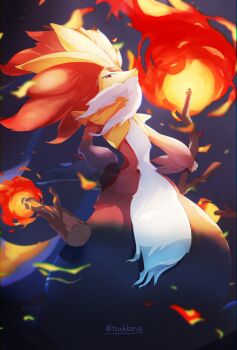 1other animal_ear_fluff animal_ears animal_nose artist_name beard body_fur chromatic_aberration closed_mouth delphox facial_hair fire floating floating_object fox_ears furry gen_6_pokemon hand_on_own_hip highres holding holding_stick looking_at_viewer mega_delphox multicolored_fur nintendo other_focus pokemon pokemon_(creature) purple_fur pyrokinesis red_eyes red_fur signature snout solo standing stick tsukkon twitter_username white_fur yellow_fur