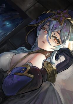 1girl absurdres bare_arms bare_shoulders bed black_dress blue_hair blue_sky bracelet breasts cloud cloudy_sky dress drill_hair drill_sidelocks genshin_impact gold_bracelet gold_thighlet hashtag-only_commentary highres jewelry layla_(genshin_impact) long_hair looking_at_viewer lying medium_breasts on_bed on_side open_mouth pantyhose sidelocks sky sleeping sleeveless solo star_(symbol) thighlet twintails uwaaatsutsuaa white_pantyhose window