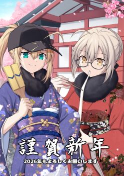 ahoge artoria_pendragon_(fate) baseball_cap black_hat blonde_hair braid cross_(crossryou) fate/grand_order fate_(series) fur_collar glasses green_eyes hagoita hair_bun hair_through_headwear happy_new_year hat hatsumoude highres japanese_clothes kimono looking_at_viewer multiple_girls mysterious_heroine_x_(fate) mysterious_heroine_x_alter_(fate) new_year obi paddle ponytail print_kimono saberface sash semi-rimless_eyewear sidelocks under-rim_eyewear wide_sleeves yellow_eyes