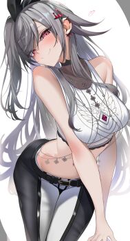 Rule 34 | 1girl, arched back, bare shoulders, belt, black pants, blush, body jewelry, bow, breasts, closed mouth, commentary request, crop top, crown hair ornament, earclip, grey hair, hair bow, hair ornament, halterneck, heart, highres, hololive, hololive dev is, isaki riona, isaki riona (1st costume), jewelry, large breasts, layered clothes, long hair, looking at viewer, midriff, necklace, omoti (1201208), pants, rabbit bow, red eyes, side ponytail, simple background, slit pupils, smile, solo, swept bangs, tank top, two-tone pants, virtual youtuber, white background, white pants, white tank top
