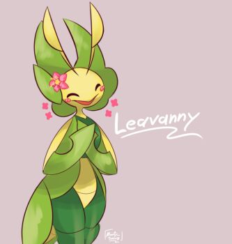 antennae artist_name closed_eyes flower gen_5_pokemon grey_background leavanny monty_smug nintendo open_mouth pink_flower pokemon pokemon_(creature) simple_background solo