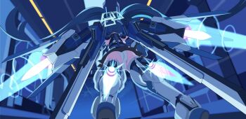 1girl absurdres aqua_halo aris_(armed)_(blue_archive) aris_(blue_archive) ass blue_archive commentary_request cran_berrie from_behind from_below halo highres leotard long_hair mecha_musume mechanical_legs mechanical_wings multicolored_leotard rectangular_halo showgirl_skirt solo thrusters very_long_hair weapon wings