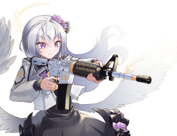 1girl aiming angel_wings assault_rifle azusa_(blue_archive) black_dress black_sailor_collar blue_archive commentary_request cropped_jacket crossed_bangs double-parted_bangs dress flower frilled_sailor_collar frills gun hair_between_eyes hair_flower hair_ornament halo highres holding holding_gun holding_weapon jacket jiwon_(sj1) long_hair long_sleeves m4_carbine magazine_(weapon) muzzle_device open_clothes open_jacket purple_eyes purple_flower rifle sailor_collar sailor_jacket sidelocks simple_background solo very_long_hair weapon white_background white_hair white_jacket wings yellow_halo