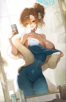 1girl alternate_costume alternate_hairstyle asuna_(blue_archive) black_bra blonde_hair blue_archive blue_dress blue_eyes blue_halo blue_nails blush bra breasts cellphone clothes_pull commentary covered_navel dress dress_pull flower fur_jacket grin hach_190 hair_bun hair_flower hair_ornament halo highres holding holding_phone jacket large_breasts looking_at_viewer mirror_selfie mole mole_on_breast open_clothes open_jacket phone selfie sidelocks smartphone smile solo underwear white_flower