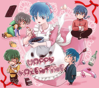 Rule 34 | 1girl, 4boys, alcohol, apron, bandana, blue eyes, blue hair, blush, bow, bowl, broom, brown eyes, brown hair, butter, chibi, chinese clothes, chocolate, closed eyes, closed mouth, coa (momo), colored eyelashes, crossed arms, crossed legs, dress, egg, food, frilled apron, frills, frown, green eyes, green hair, hair bow, happy valentine, hibiki ryouga, holding, holding bowl, holding broom, index fingers together, kneeling, multiple boys, open mouth, pale skin, pantyhose tarou, pink background, pink bow, pink dress, pink shoes, ranma 1/2, saotome ranma, shinnosuke (ranma 1/2), shoes, short hair, smile, stirring, tendou akane, white apron, yellow bandana