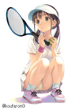 1girl artist_name ball black_hair breasts full_body green_eyes hat holding holding_racket kneeling koutaro long_hair low_twintails miniskirt panties pantyshot pink_shoes pleated_skirt racket shirt shoes skirt small_breasts socks solo sportswear tennis tennis_ball tennis_net tennis_racket tennis_uniform thighs twintails underwear visor_cap white_background white_shirt white_skirt