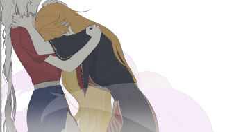 Rule 34 | 2girls, absurdres, blonde hair, dress, grey hair, hands on another's head, hands on another's neck, hashtag-only commentary, highres, junko (touhou), ktsis, long hair, multiple girls, simple background, tabard, touhou, yagokoro eirin