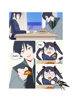 ! 1boy 1girl absurdres alternate_costume alternate_universe aqua_eyes arm_rest arrow_(symbol) artist_name asymmetrical_bangs black_eyes black_hair black_hood black_hoodie black_ribbon black_shirt black_shorts black_sleeves blunt_bangs blunt_ends blush casual closed_mouth collar collared_shirt contemporary curtains embarrassed english_text feeding fork frown genshin_impact genshinribu green_collar grey_jacket grey_sleeves hair_between_eyes hair_ribbon head_down hetero highres holding holding_fork hood hood_down hoodie indoors jacket lapels leaning_to_the_side left-to-right_manga long_hair long_sleeves looking_at_viewer looking_down mona_(genshin_impact) o_o open_mouth parted_bangs pocket red_ribbon ribbon scaramouche_(genshin_impact) shirt shorts sidelocks sitting speech_bubble table teeth twintails upper_teeth_only v-shaped_eyebrows wispy_bangs