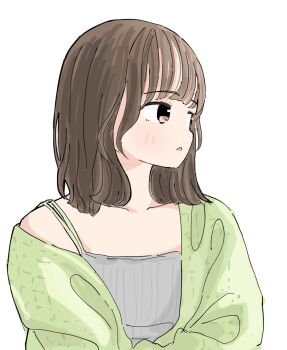 1girl animification blush brown_hair camisole cardigan commentary_request green_cardigan grey_camisole hayama_fuka highres looking_to_the_side medium_hair open_cardigan open_clothes parted_lips pink_eyes real_life simple_background single_bare_shoulder single_off_shoulder solo tazaki_masanobu upper_body voice_actor white_background