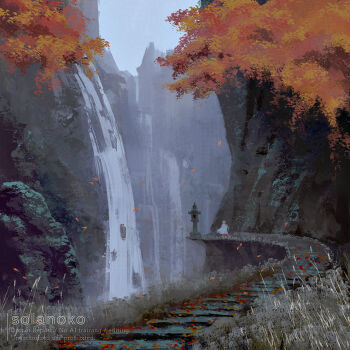 1other ambiguous_gender artist_name autumn autumn_leaves cliff commentary day english_commentary falling_leaves landscape leaf original outdoors path road scenery solanoko very_wide_shot water waterfall
