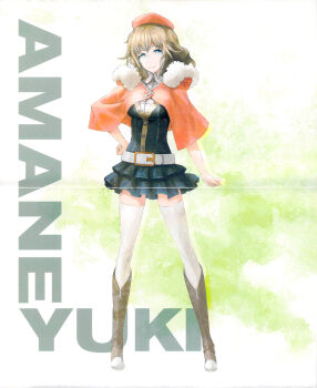 Rule 34 | 1girl, amane yuki, blonde hair, boots, breasts, brown boots, capelet, clothing request, commentary request, cosplay, curly hair, grin, hand on own hip, hat, highres, huke, huke (style), knee boots, leather, leather boots, long hair, official art, prototype design, red hat, scan, science adventure, small breasts, smile, solo, steins;gate, steins;gate 0, thighhighs, white thighhighs, zettai ryouiki