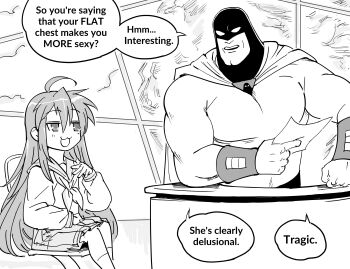 1boy 1girl :3 :d absurdres ahoge bb_(baalbuddy) bodysuit cape cartoon_network chair commentary crossover desk english_commentary english_text flat_chest greyscale highres interview izumi_konata jitome long_hair long_sleeves looking_at_another lucky_star monochrome muscular muscular_male open_mouth pleated_skirt school_uniform sitting skirt smile space_ghost space_ghost_(series) space_ghost_coast_to_coast speech_bubble superhero_costume