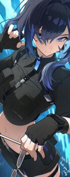 1girl asymmetrical_pants ayase_yuu belt belt_pouch black_belt black_gloves black_hair black_pants black_shirt blue_eyes blue_hair breast_pocket breasts chest_harness collared_shirt commission crop_top cropped_shirt eyes_visible_through_hair fingerless_gloves glasses gloves hand_up harness hata4564 highres holding holding_removed_eyewear large_breasts long_hair midriff multicolored_hair navel pants phase_connect pocket pouch shirt short_sleeves skeb_commission solo stomach streaked_hair unworn_eyewear virtual_youtuber