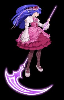 1girl black_background blue_eyes blue_hair blunt_bangs bow choker dadith dress flower frilled_skirt frills furudo_erika hair_flower hair_ornament hat highres long_hair pantyhose pink_bow ribbon rose scythe simple_background skirt solo twintails umineko_no_naku_koro_ni