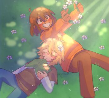 +_+ 2boys ahoge alternate_costume alternate_eye_color antenna_hair arms_up bandaid bandaid_on_cheek bandaid_on_face basil_(faraway)_(omori) basil_(omori) blonde_hair blue_pants blush book bright_pupils brown_eyes brown_hair brown_pants brown_shirt closed_eyes closed_mouth dark-skinned_male dark_skin day denim donuqx double-parted_bangs flower flower_wreath foreshortening freckles grass grin hair_between_eyes hair_flower hair_ornament head_wreath holding_head_wreath hood hoodie jeans kel_(faraway)_(omori) kel_(omori) knee_up long_sleeves lying male_focus multiple_boys omori on_back open_mouth orange_hoodie outdoors pants shirt short_hair sidelocks smile teeth tumblr_username white_pupils