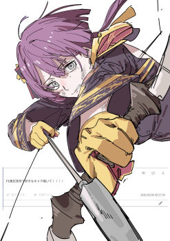1girl absurdres arrow_(projectile) bernadetta_von_varley bernadetta_von_varley_(timeskip) bow_(weapon) commentary_request fire_emblem fire_emblem:_three_houses floating_hair gloves grey_eyes haruyuki_(gffewuoutgblubh) highres holding holding_bow_(weapon) holding_weapon hood hood_down injury long_hair long_sleeves looking_at_viewer nintendo purple_hair solo translation_request weapon yellow_gloves