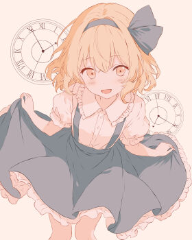 1girl :d absurdres alice_margatroid alice_margatroid_(pc-98) analog_clock blonde_hair blue_bow blue_dress blue_hairband blush bow clock commentary_request curtsey dress foot_on_own_face frilled_dress frilled_shirt_collar frilled_sleeves frills hair_between_eyes hair_bow hair_intakes hairband highres iris-san looking_at_viewer medium_hair open_mouth puffy_short_sleeves puffy_sleeves roman_numeral shirt short_sleeves simple_background skirt_hold sleeveless sleeveless_dress smile solo standing touhou touhou_(pc-98) white_background white_shirt