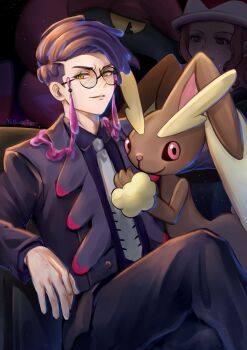 1boy 1girl coat collared_shirt commentary_request corbeau_(pokemon) gen_4_pokemon gen_5_pokemon glasses harmony_(pokemon) highres long_sleeves lopunny necktie nintendo open_clothes open_coat pants pokemon pokemon_(creature) pokemon_legends:_z-a round_eyewear scolipede shirt short_hair sitting smile yellow_eyes yoshida-smile