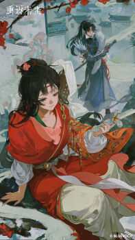 Rule 34 | 1boy, 1girl, absurdres, architecture, arm armor, black boots, black hair, blue eyes, blue robe, boots, broken, broken sword, broken weapon, cheng heguang, chinese clothes, copyright name, copyright notice, dao, dress, east asian architecture, facial mark, feather boa, flower, forehead mark, from above, hair branch, hair bun, hair flower, hair ornament, hand up, hanfu, hat on back, highres, holding, holding sword, holding weapon, jian (weapon), logo, long dress, long hair, official art, official wallpaper, pants, paper heron, pink flower, plum blossoms, ponytail, red flower, red hanfu, reverse:1999, robe, sheath, sheathed, sitting, sitting on branch, snow, standing, sword, weapon, weimao, white pants