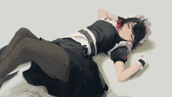 1girl absurdres apron belt black_belt black_hair black_pantyhose blush breasts chain colored_inner_hair commentary dated ellen_joe frown hairband highres large_breasts light_blush light_frown looking_at_viewer lying maid maid_apron maid_headdress metal_hairband mole mole_under_eye multicolored_hair on_back on_floor on_ground pantyhose red_eyes red_hair short_hair short_sleeves signature ujin_holo white_background wrist_cuffs zenless_zone_zero