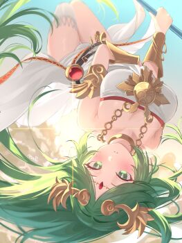 1girl absurdres bare_shoulders blush breasts commentary_request dress green_eyes green_hair highres holding holding_staff jewelry kid_icarus long_hair medium_breasts necklace nintendo palutena revvie solo staff strapless strapless_dress upside-down white_dress