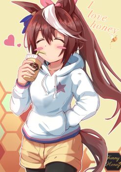 Rule 34 | 1girl, animal ears, bee, black pantyhose, blush, blush stickers, brown hair, bug, closed eyes, closed mouth, cup, disposable cup, drinking straw, drinking straw in mouth, hair between eyes, hand in pocket, hashtag-only commentary, heart, highres, holding, holding cup, hood, hood down, hoodie, horse ears, horse girl, horse tail, insect, long hair, long sleeves, mokichi3356, multicolored hair, pantyhose, pantyhose under shorts, ponytail, shorts, solo, star (symbol), star print, streaked hair, tail, tokai teio (umamusume), two-tone hair, umamusume, white hair, white hoodie, yellow shorts