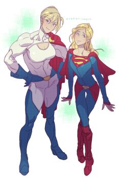 2girls abs age_difference alternate_costume animification aortdn blonde_hair blue_eyes blue_footwear blue_gloves blush bodysuit boots breasts cape cleavage cleavage_cutout closed_mouth clothes_writing clothing_cutout covered_navel crossed_legs dc_comics dithering earrings full_body gloves hair_between_eyes hands_on_own_hips hip_focus jewelry knee_boots kryptonian large_breasts leaning_forward legs_apart light_smile long_hair looking_at_viewer multiple_girls muscular muscular_female power_girl red_cape red_footwear s-shield short_hair skin_tight skinny small_breasts smile smirk standing stud_earrings supergirl superhero_costume superman_(series) swept_bangs thigh_boots thigh_gap thighhighs thighs turtleneck watermark watson_cross web_address white_background