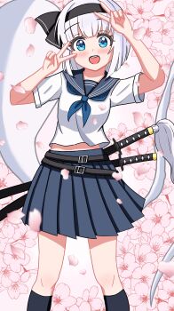 1girl absurdres alternate_costume belt black_belt black_hairband black_sailor_collar black_skirt black_socks blue_eyes blue_neckerchief bow_hairband cherry_blossoms commentary double_v hairband highres hitodama katana kneehighs konpaku_youmu konpaku_youmu_(ghost) looking_at_viewer midriff_peek neckerchief open_mouth pancetta_(twitter_1735264787037396992) pleated_skirt sailor_collar school_uniform serafuku sheath sheathed skirt socks solo sword teeth touhou upper_teeth_only v weapon white_hair