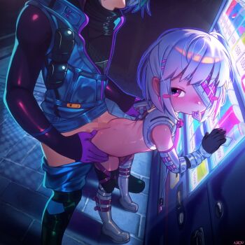 1boy 1girl ass black_gloves blush boots censored commentary dohna_dohna_issho_ni_warui_koto_o_shiyou elbow_gloves english_commentary eyepatch flat_chest gloves hetero highres loli mosaic_censoring najucaju_naju pink_eyes porno_(dohna_dohna) sex short_hair standing white_hair