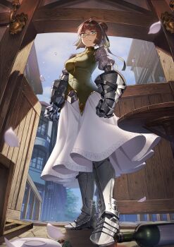 Rule 34 | 1girl, absurdres, ahoge, arched bangs, armor, arms at sides, blunt bangs, bottle, breasts, brown hair, building, chainmail, clenched hands, closed mouth, cluseller, commentary request, falling petals, from below, frown, full body, gauntlets, glasses, greaves, green eyes, green ribbon, green shirt, hair bun, hair ribbon, highres, looking at viewer, looking down, medium breasts, original, petals, plate, ribbon, sabaton, semi-rimless eyewear, shirt, single hair bun, skirt, sleeveless, sleeveless shirt, solo, standing, table, under-rim eyewear, white skirt, wine bottle