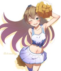 Rule 34 | 1girl, ;d, absurdres, alternate costume, bare shoulders, brown hair, cheerleader, crop top, green eyes, hair ornament, highres, holding, holding pom poms, kantai collection, kumano (kancolle), liking, long hair, looking at viewer, midriff, miniskirt, navel, one-hour drawing challenge, one eye closed, open mouth, pleated skirt, pom pom (cheerleading), pom poms, ponytail, simple background, skirt, smile, solo, twitter username, white background