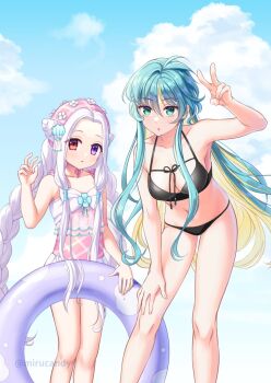 2girls bikini black_bikini blonde_hair blue_hair blue_sky blush braid breasts cloud colored_inner_hair commentary_request feet_out_of_frame flat_chest frilled_one-piece_swimsuit frills green_eyes heterochromia highres holding holding_swim_ring innertube leaning_forward long_hair looking_at_viewer medium_breasts miruku_ame_(mirucandy) multicolored_hair multiple_girls navel one-piece_swimsuit open_mouth pink_one-piece_swimsuit pope_(ragnarok_online) purple_eyes ragnarok_online red_eyes simulation_juncea sky swim_ring swimsuit twin_braids v very_long_hair white_hair